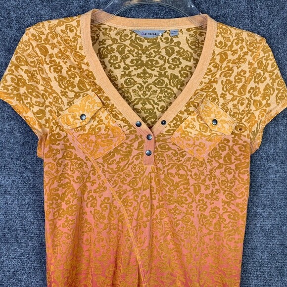 Athleta Stretch Top Women S Orange Umbre V-neck Metal Buttons - Picture 2 of 9